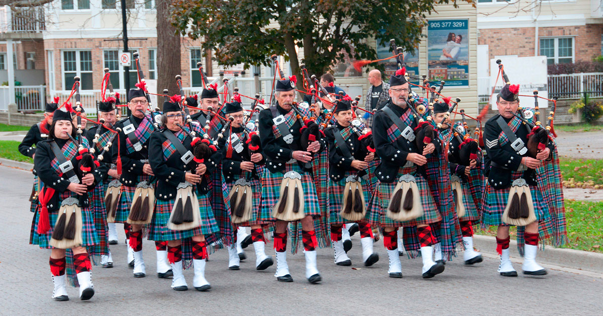 Tartan Day - Cobourg Legion Pipes and Drums marching up Third Street