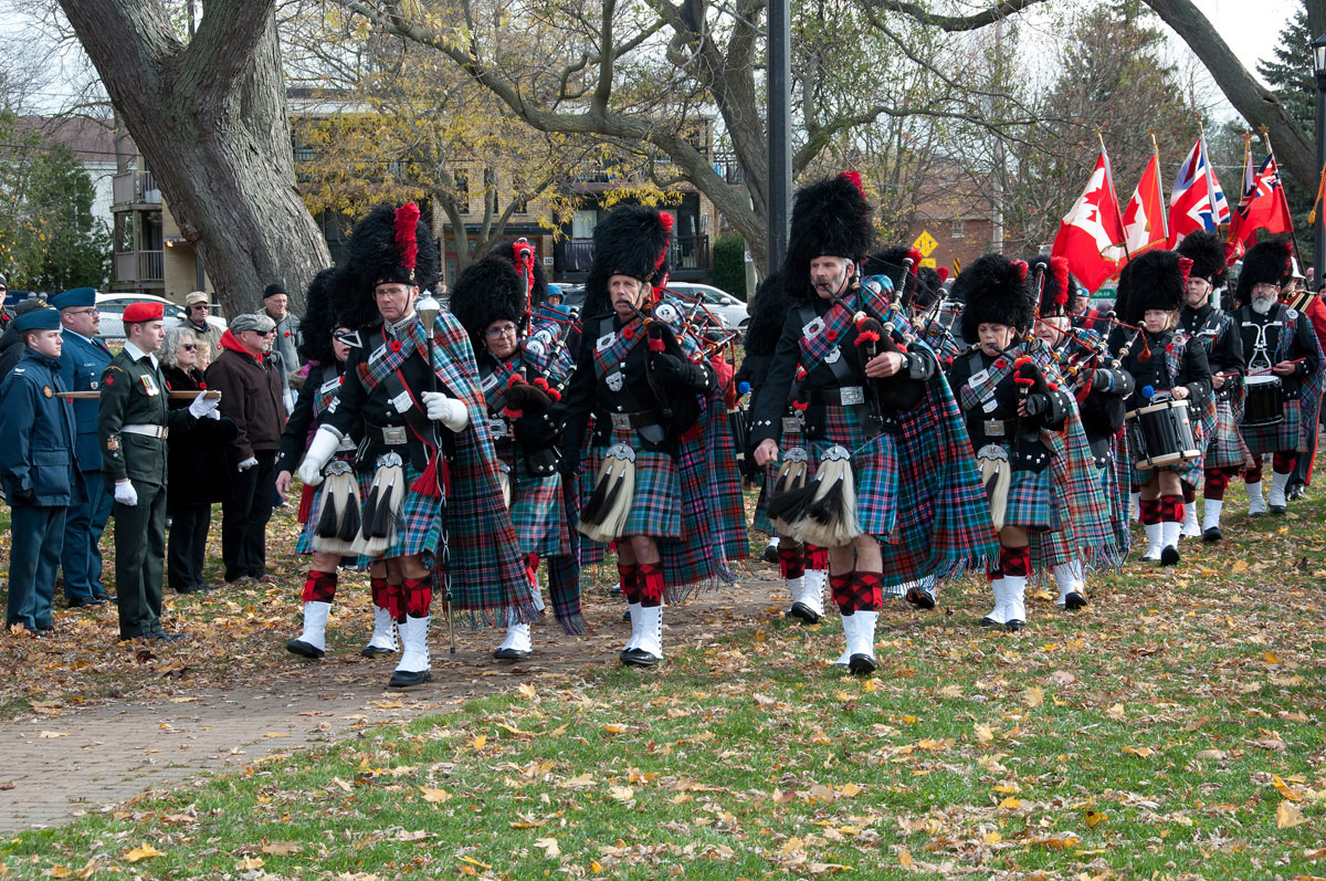 Cobourg Legion Pipes and Drums arriving at the Cenotaph